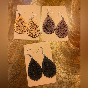 New set of 3 wooden dangle lightweight cutout earrings